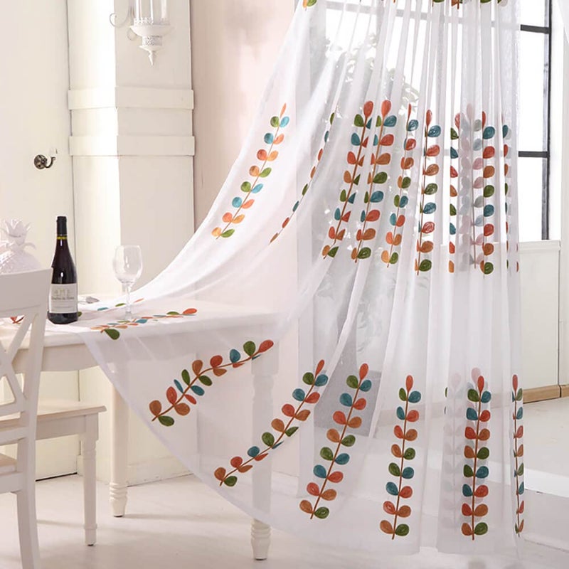 VOGOL Sheer Curtains 84 Inches Long, Colorful Leaves Embroidered White Sheer Window Curtain for Living Room/Dining Room, Rod Pocket, 52 x 84, 2 Panels - Image 2